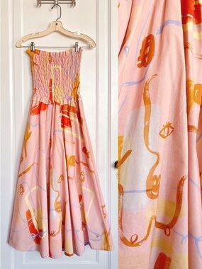 Finders Keepers • Collage Dress strapless midi smocked full skirt pink abstract